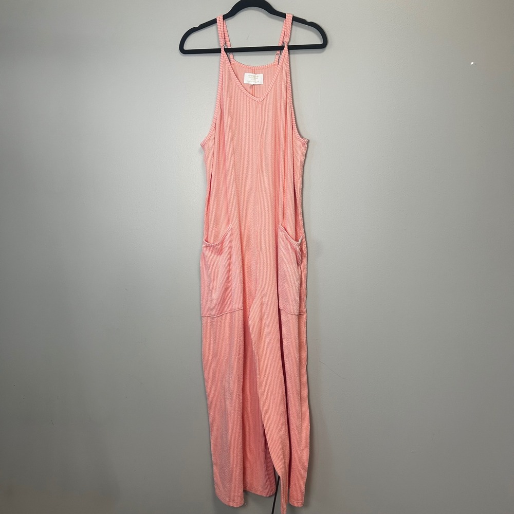 Simply Southern Pink Gingham Waffle Knit Jumpsuit XL Wide Leg Adjustable Straps
